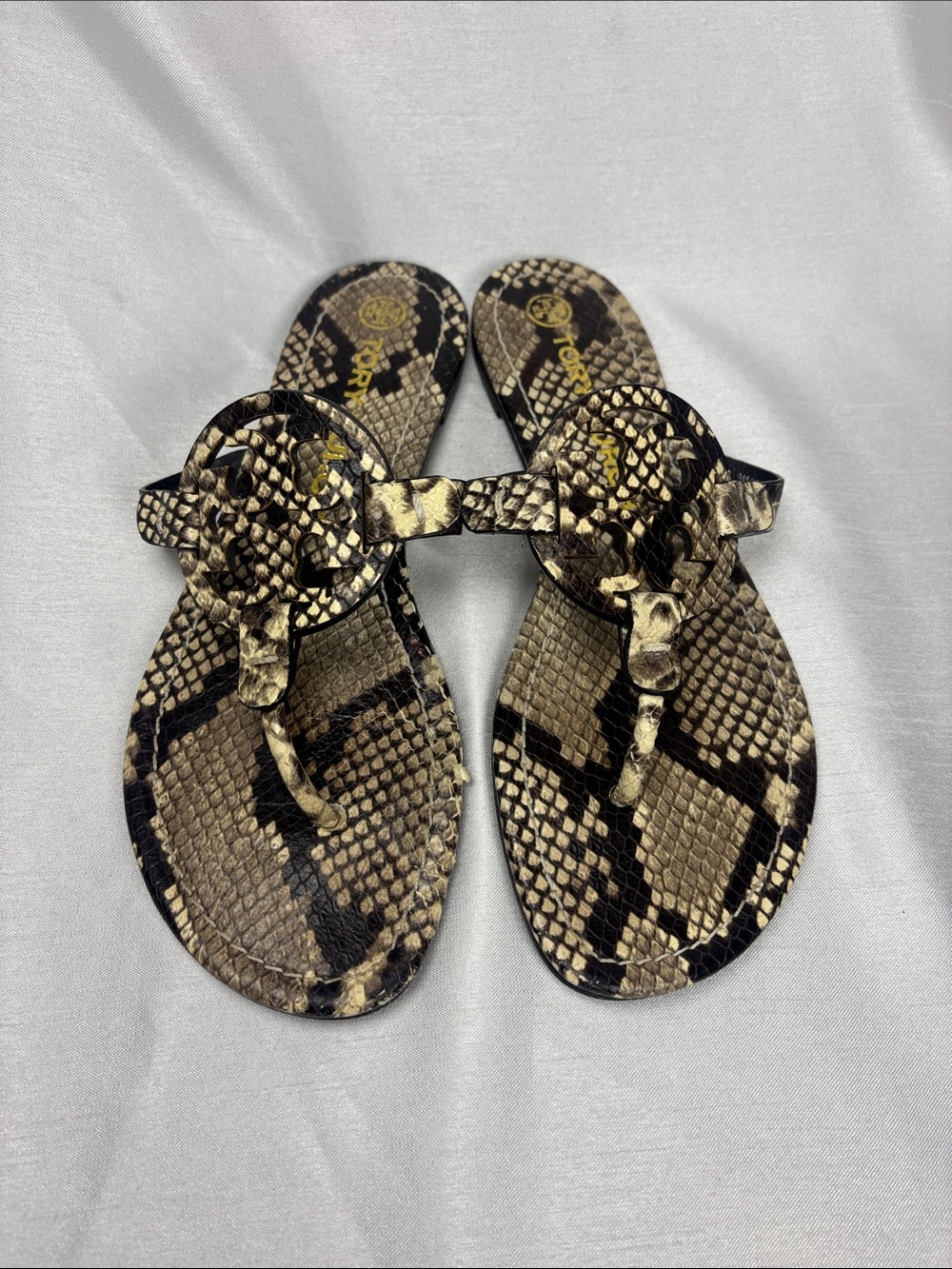 Tory Burch Snake Print Logo Medallion Thong Sandals